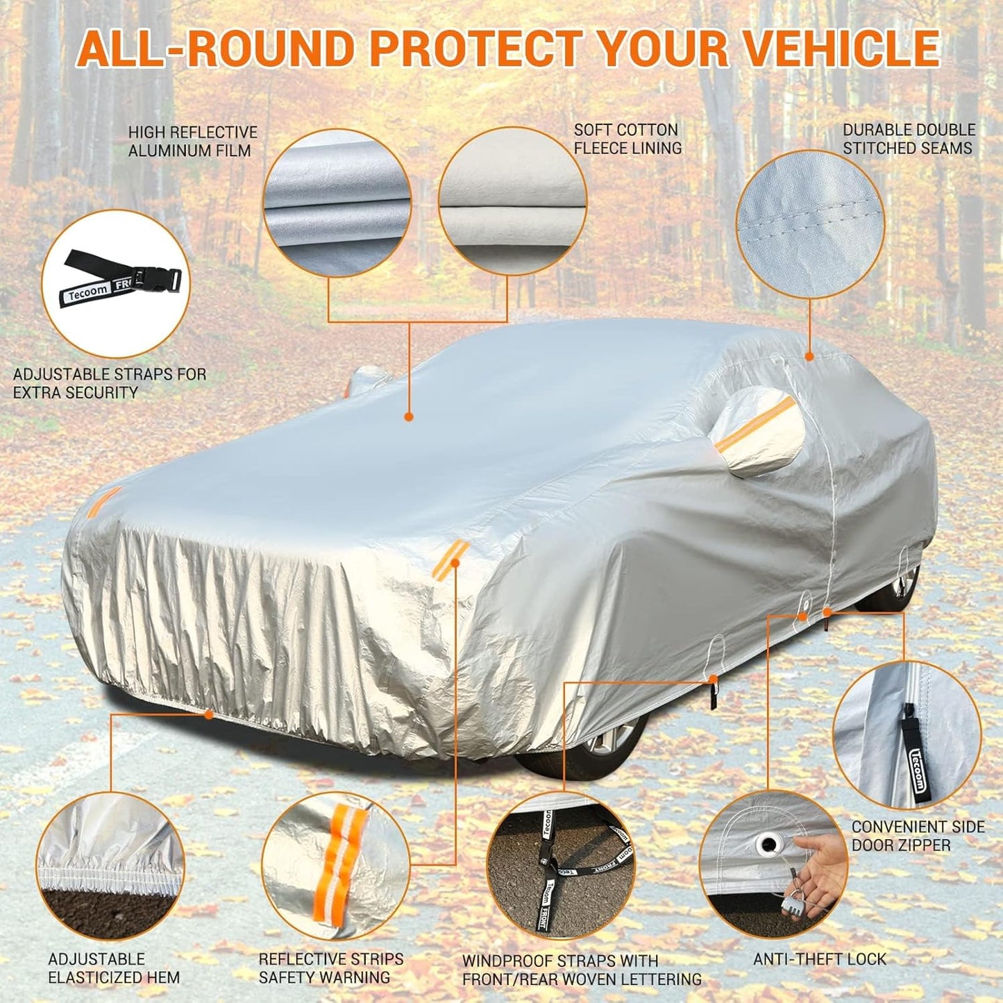 Tecoom Car Cover Waterproof All Weather, 3 Layers Car Covers for Automobiles, Fleece Lining with Zipper Door Lock Full Outdoor Car Cover Wind Snow Hail UV Sun Protection Fit for Sedan (201-210 Inch)