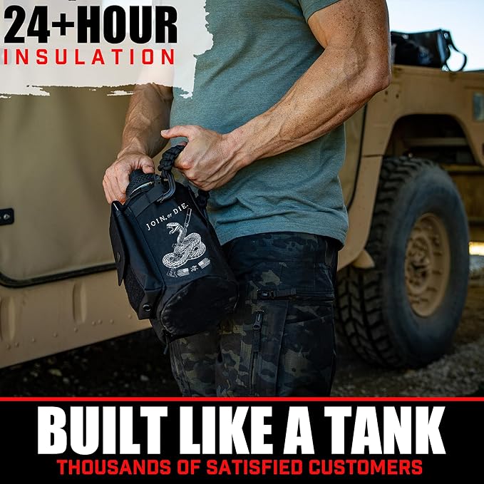 Iron Infidel Battle Bottle - Half Gallon Insulated Water Bottle with Paracord Handle, Large 64 oz Stainless Steel Water Jug with Rugged, Removable Sleeve for Keys, Wallet & Phone (Join or Die 2 Liter)