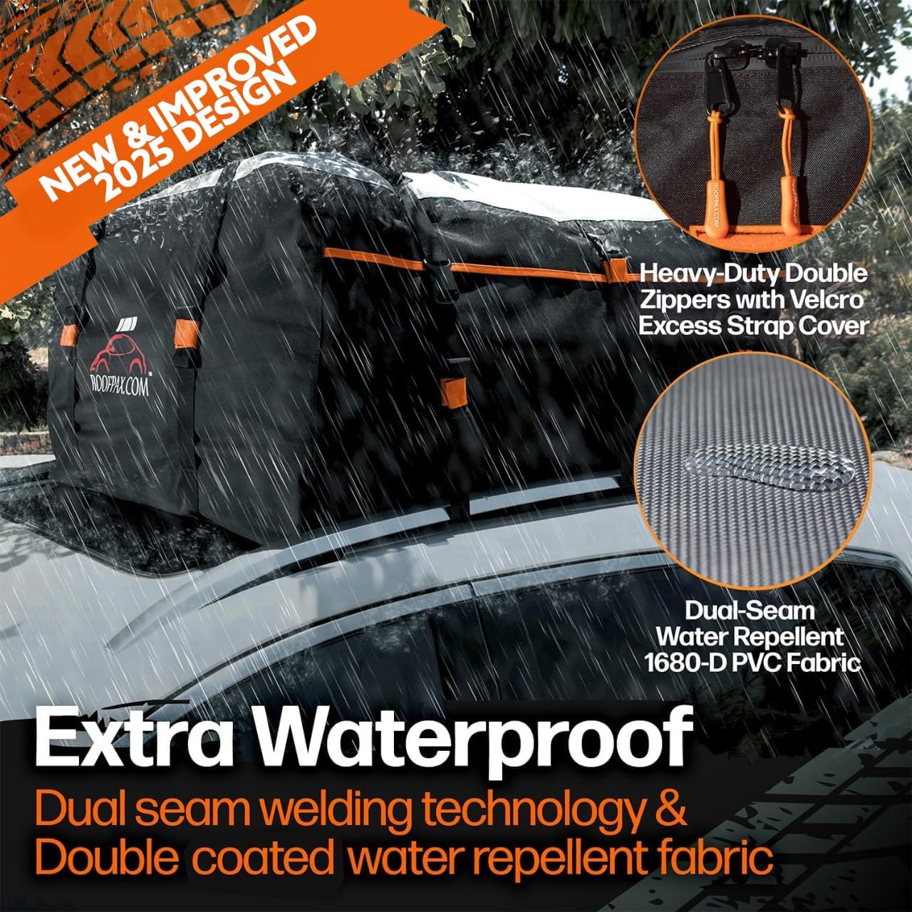 RoofPax 23 cft. Extra Waterproof Rooftop Cargo Carrier Bag, Double Weatherproof Zippers,10 Heavy-Duty Tie-Down Straps fit Cars with/Without a Rack or Side Rails, Safety Hooks Included