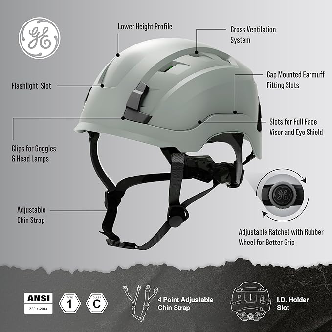 GE Safety Helmet, Impact Absorbing Tech, Adjustable Ratchet, ANSI Type 1, Memory Foam Padding, Hard Hats Protection, Lightweight, Durable, Chin Strap, Comfortable Fit OSHA Approved