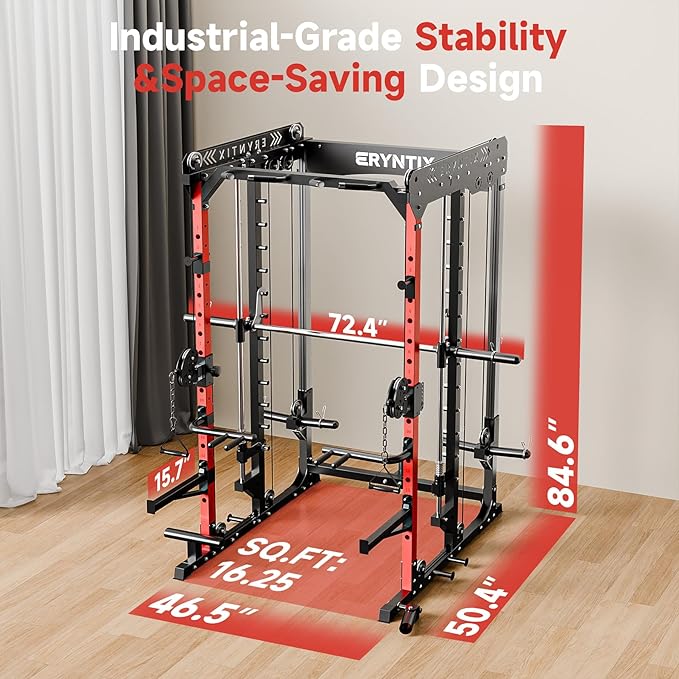 Smith Machine Power Rack | All-in-One Power Cage with Adjustable J-Hooks, Squat Rack for Home Gym, Cable Machine & Pull-Up Bar | Home and Garage Gym Equipment for Strength Training