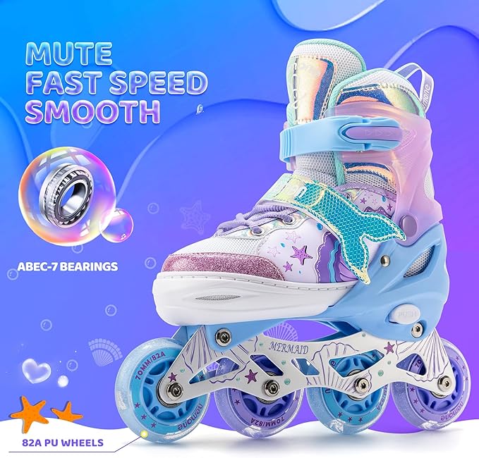 NEMONE Mermaid Inline Skates, 4 Sizes Adjustable Skates for Girls Kids with Light up Wheels, Indoor Beginner Outdoor for Kids Ages 4-6 5-8 6-12 8-12