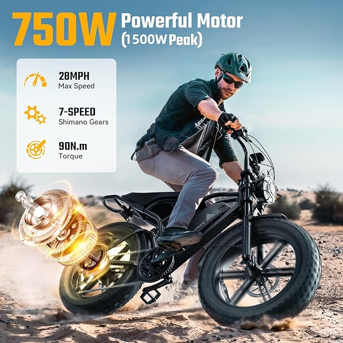 TST Electric Bike for Adults 1500W Peak 20" Fat Tire All-Terrain E-Bike 60/110 Miles 28MPH Electric Dirt Bike for Road Sand Mountain Snow - 48V 15/25AH Battery Powered Electric Motorcycle