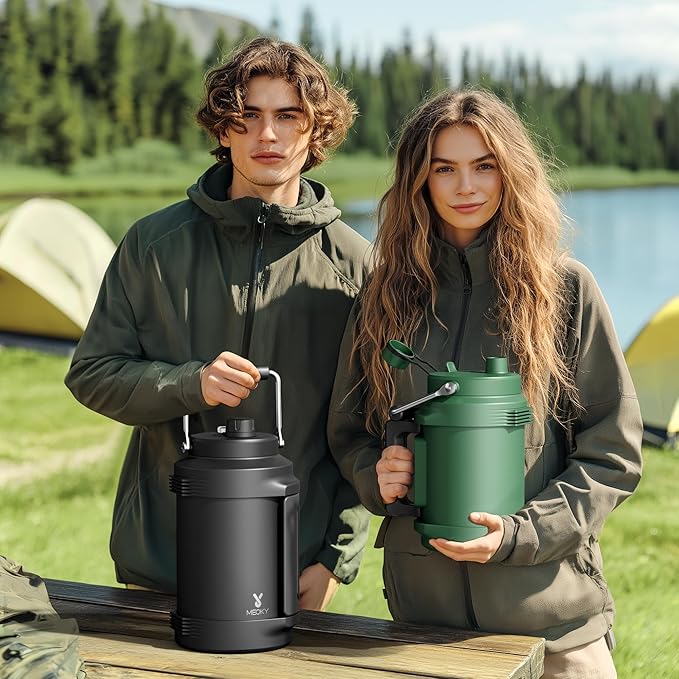 64 oz Insulated Water Bottle for Men: Meoky Triple Wall Vacuum Stainless Steel Half Gallon Water Jug - Top and Side Handles, 2-in-1 Straw and Spout Lid, Cold for 36 Hrs, Leak Proof for Sports (Silver)