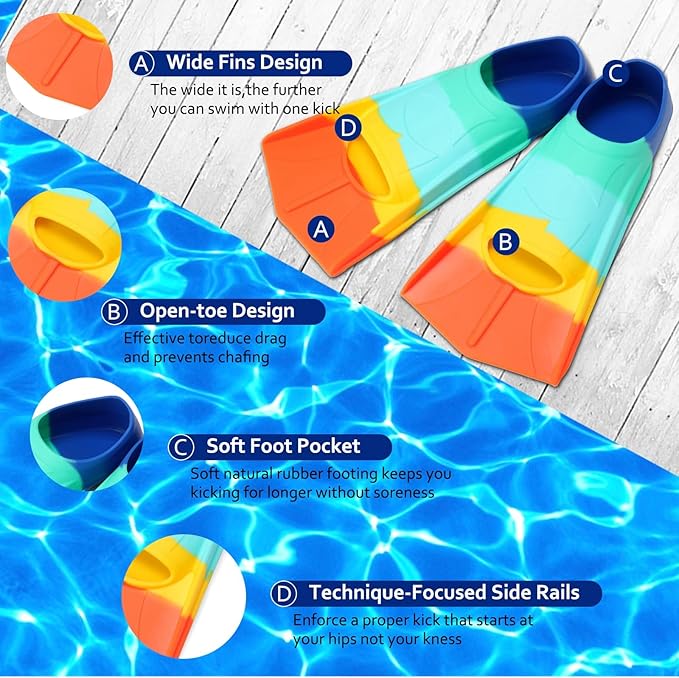 Kids Swim Fins,Short Kids Fins Youth Swimming Flippers for Lap Swimming Training for Children Girls Boys Beginners