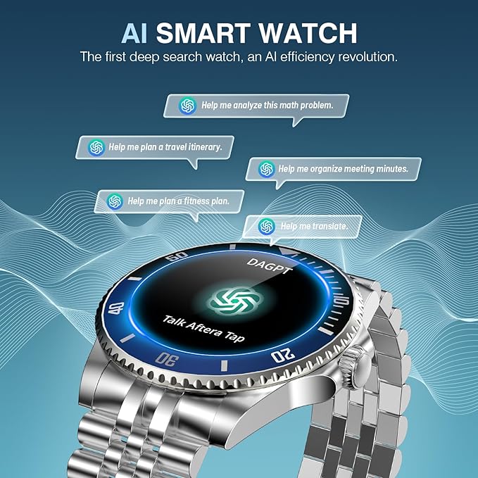 2025 DA GPT Smart Watch for Men, Heart Rate, Blood Pressure, Blood Oxygen, Sleep Monitor, 107 Sports Modes, 1.19-inch AMOLED Display, Waterproof Round Watch, Compatible Android and iOS Silver Blue