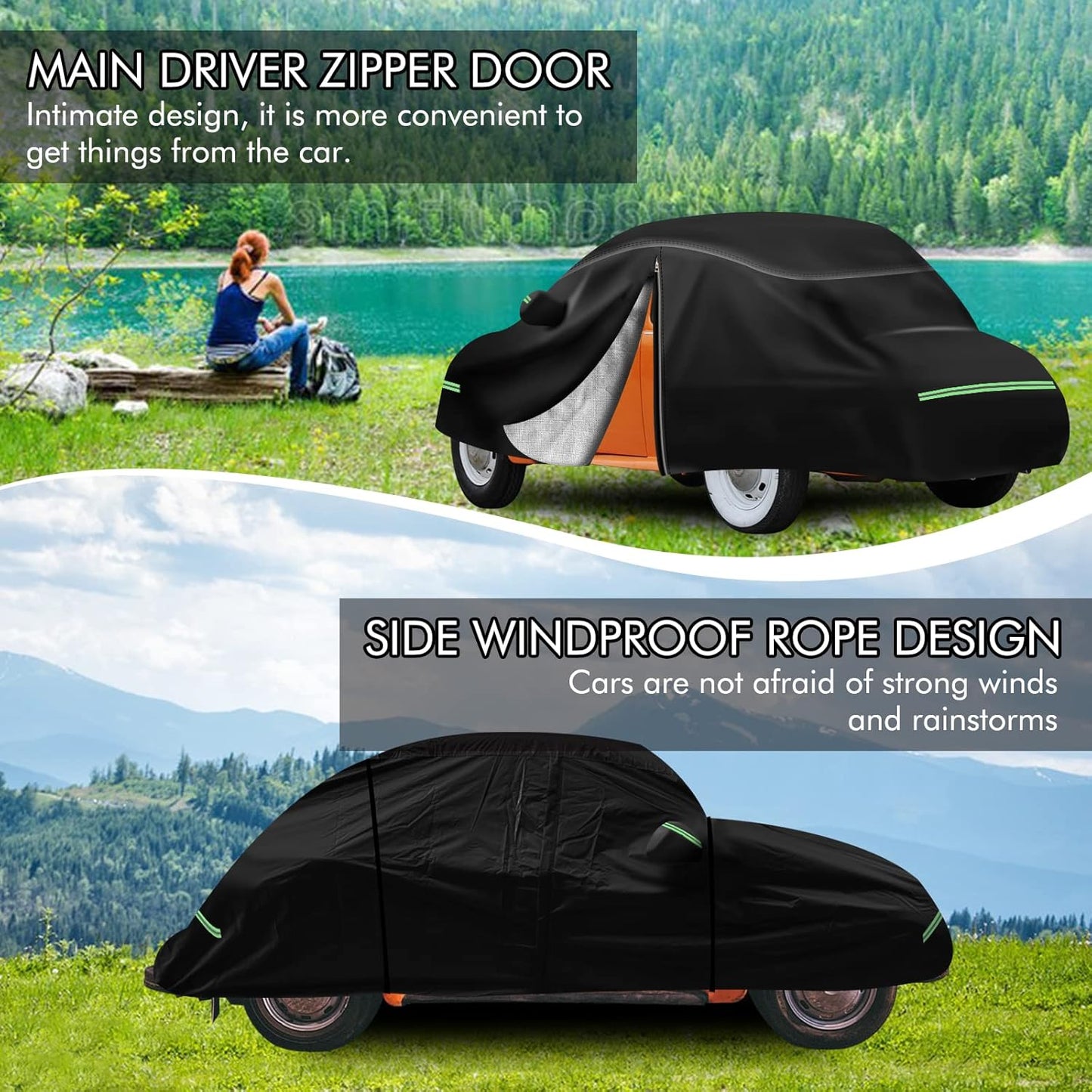 for VW 1960-1980 Volkswagen Beetle Bug Sedan 2-Door Saloon Car Covers 210D Outdoor Waterproof UV, Custom-fit Protective Full Covers with Cotton Layer, Zipper Door, Reflective Strip, Storage Bag