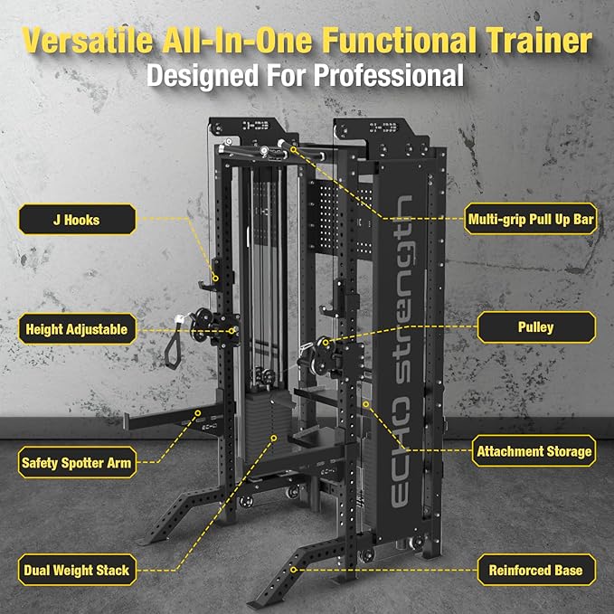 Commercial Functional Trainer Cable Machine with Dual Weight Stacks, Power Cage Squat Rack, Dual Cable Crossover Machine with Pulley System
