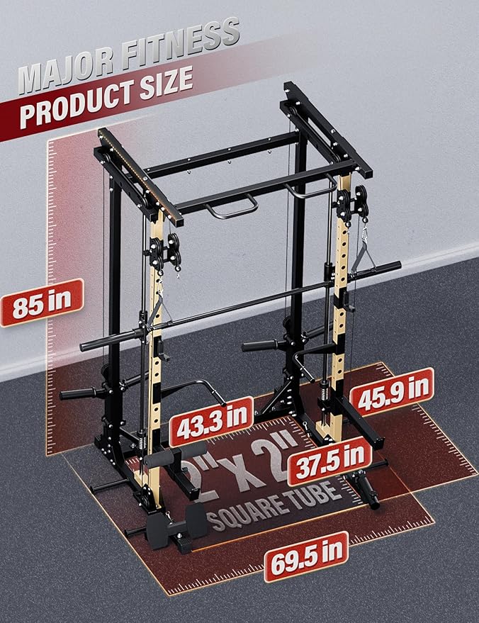 Major Fitness Drone3 Smith△ Machine – All-in-One Home Gym Squat Rack with Weight Bar, Cable Crossover Machine – Heavy-Duty Fitness Equipment for Strength Training and Full-Body Workouts