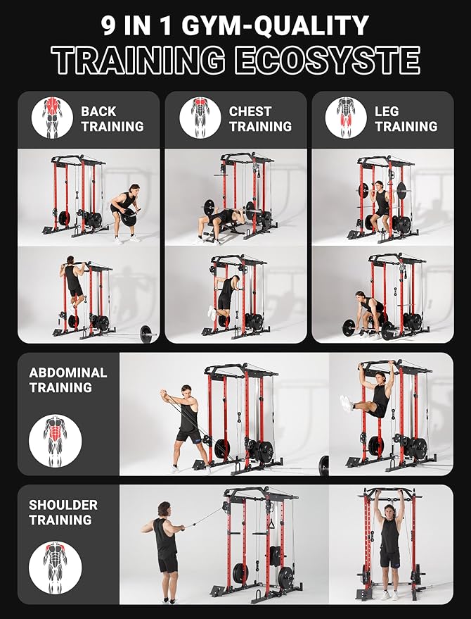 YOLEO Smooth Dual Pulley System Power Cage, 1600LBS Adjustable Cable Crossover Power Rack, Multi-Functional Squat Rack for Home Gym with More Training Attachment