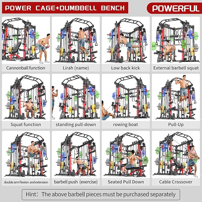 Smith Machine Power Rack Multifunctional Power Cage Deep Squat Rack Cable Crossover System Selectable More Training Attachment for Garage & Home Gym