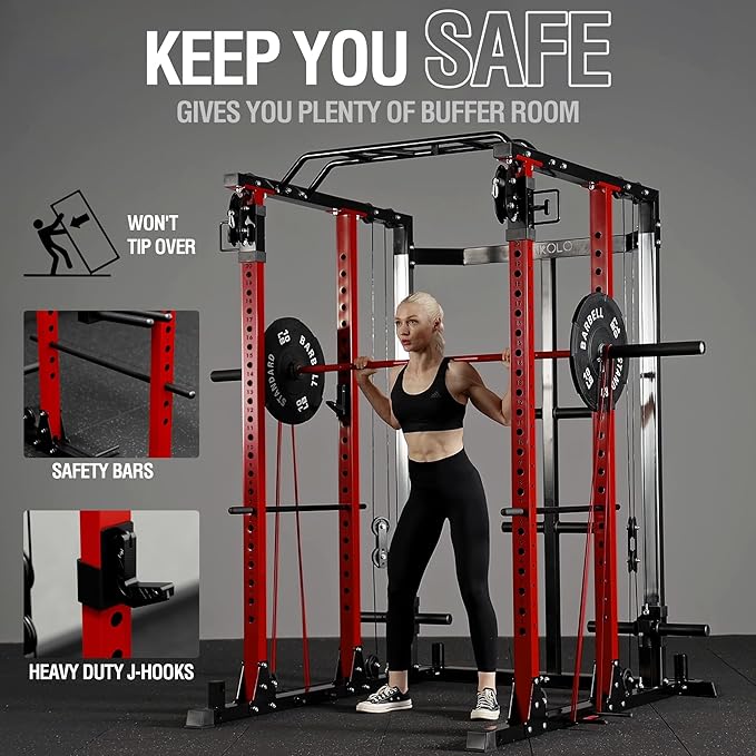 Mikolo Power Cage, Power Rack with Cable Crossover and Dual Independent Pulley System, 2200 Pounds Capacity Workout Cage with More Training Attachments, Squat Rack for Home Gym, PC07 Versions
