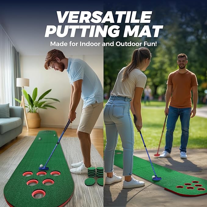 Golf Putting Game Set, Mini Golf Game Set with 2 Putters 2 Balls, 10 Feet Practice Putting Green Mat for Adults, Indoor Outdoor Backyard Party Game