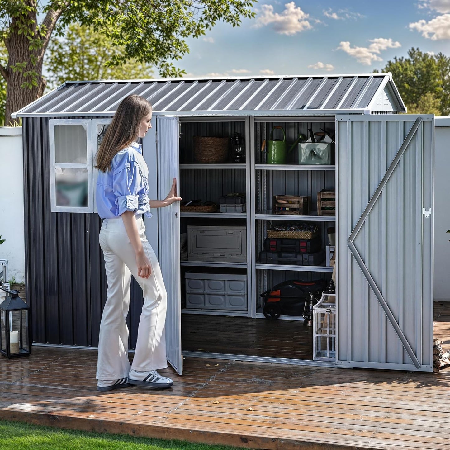 DWVO 8' x 6' Outdoor Storage Shed, Waterproof Metal Garden Shed with Windows, Lockable Doors, and Sloped Roof for Patio, Backyard, Lawn, Tool Storage, Bike Shed, Pet Shelter (Gray + White)
