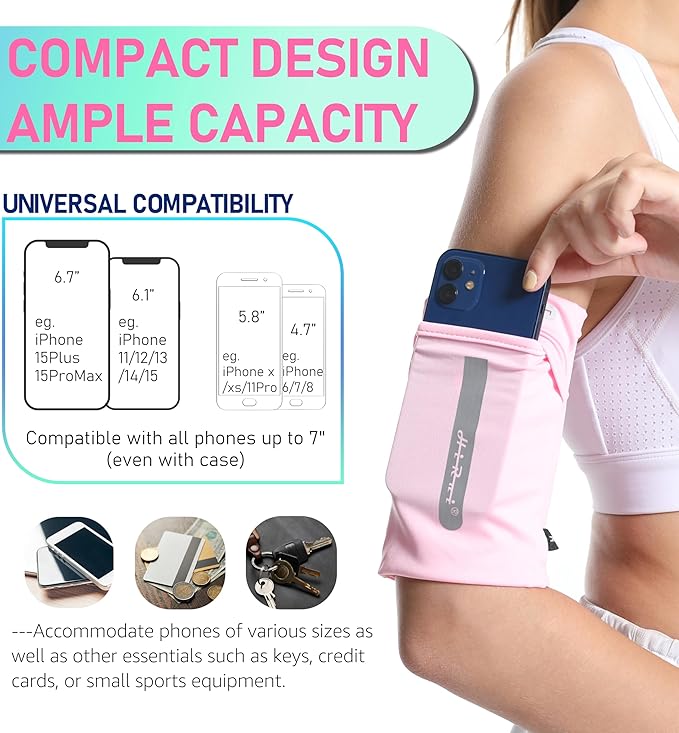 HiRui Running Armband Sleeve Universal Sports Armband Cell Phone Holder Armband for Exercise Workout, Compatible with iPhone 16/15/14/13/Plus/Pro Samsung Galaxy All Phones (M, Pink)