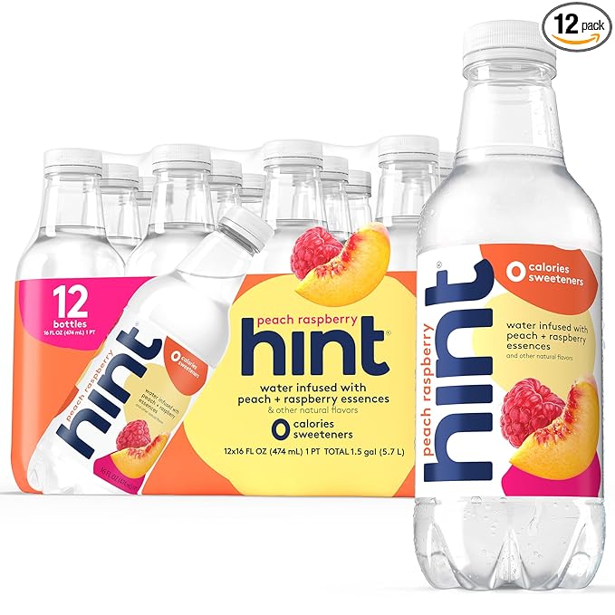 Hint Fruit-Infused Bottled Water, Peach Raspberry - Sugar Free Flavored Water with Zero Calories, Naturally Flavored, and No Artificial Sweeteners - 16 Fl Oz (Pack of 12)