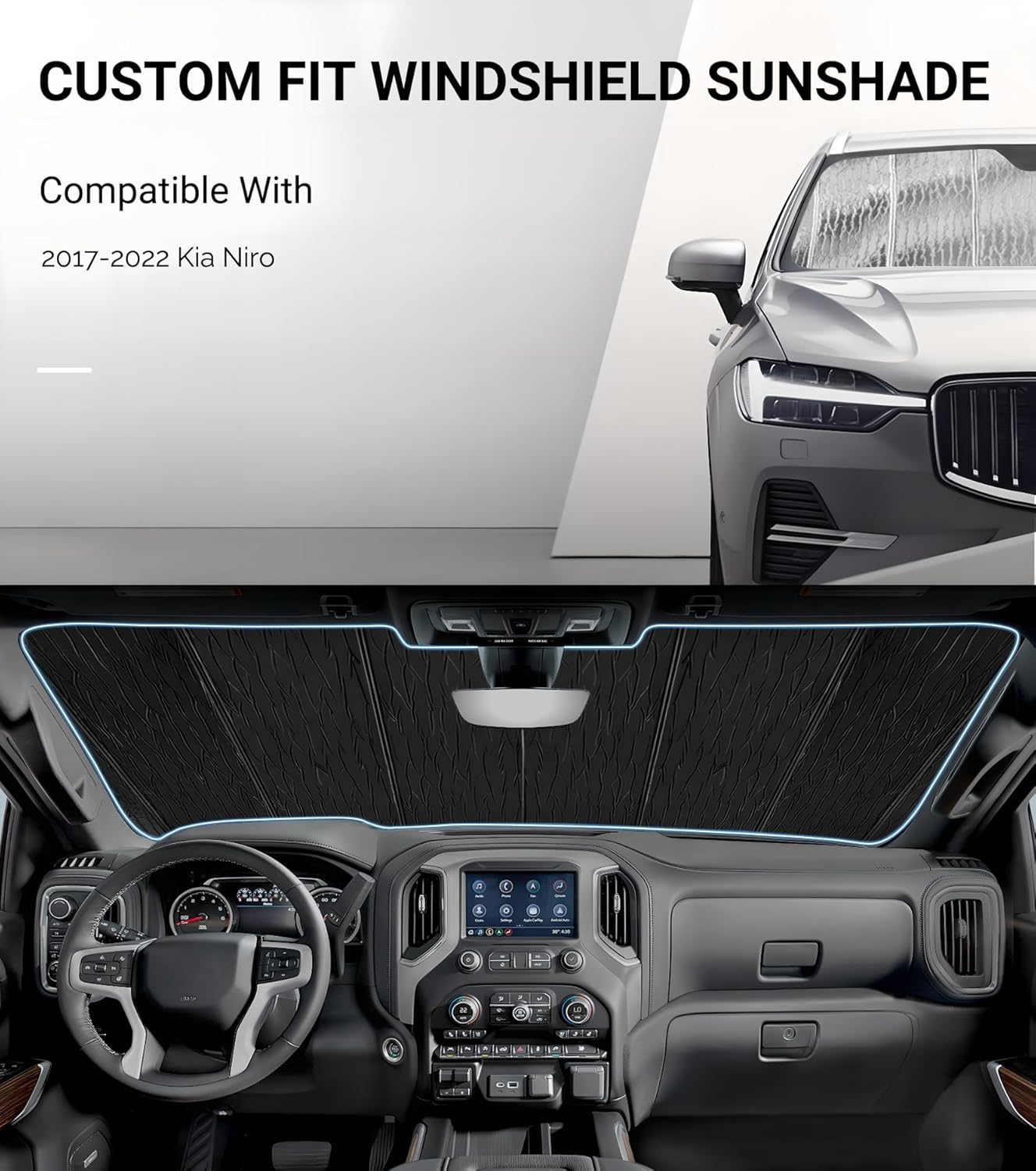 Windshield Sun Shade for Kia NIRO 2017-2022,Front Window Sunshade Shield, 2-in-1 Reflective Sun Shade,Silver for Summer, Black for Winter