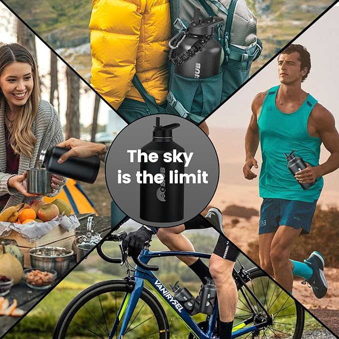 Insulated Water Bottle 64 oz, Triple Wall Vacuum Stainless Steel(Cold for 48 Hrs),Leak Proof & BPA-Free,Half Gallon Water Bottle with Reflective Paracord & Flip Straw for Sports & Travel, Black