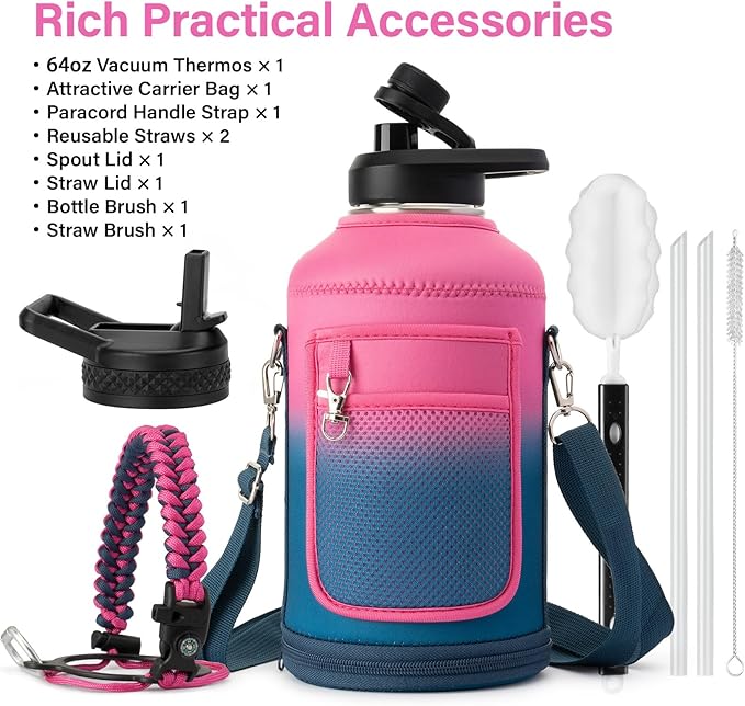 Insulated Water Bottle | Thickened Stainless Steel Vacuum Metal | Portable Sports Half Gallon Large Water Jug for Gym and Hiking with Straw, Carrier Bag, Handle Strap | BPA-Free 64 oz