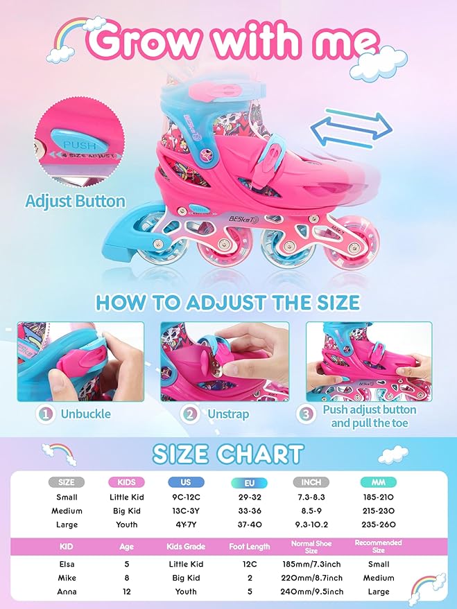 Pink Graffiti Light up Inline Skates for Girls, 4 Size Adjustable Roller Shoes with Full Illuminating Wheels for Kids, Blades Roller Skates for Beginner Teens Youth & Adult Women