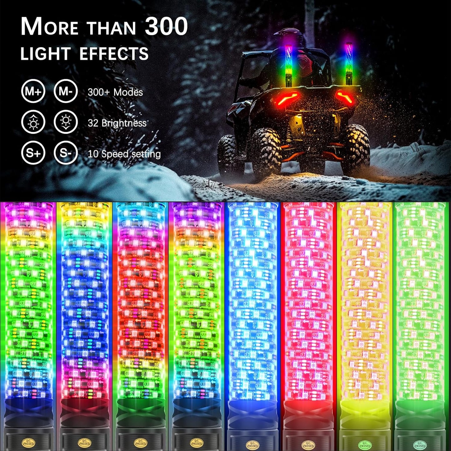 DREAMIZER 2PCS 1FT Fat Spiral Led Whip Lights with APP&Remote Control RGB Chasing Dancing Lighted Antenna Whips Compatible with Can-Am X3 UTV ATV RZR SXS Dune Buggy Offroad Truck