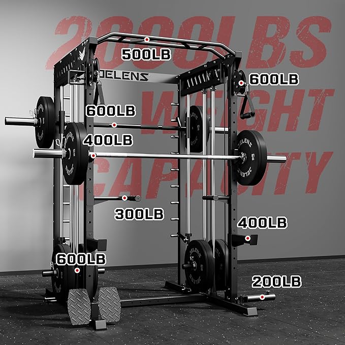 M21 Smith Machine, Multi-Function Power Cage with Dual Pulley Cable Crossover System, 2000LBS All-in-One Squat Rack with Smith Bar and Attachments