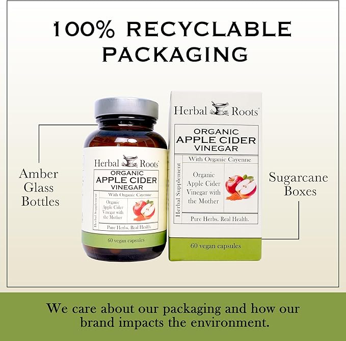 Herbal Roots Organic Apple Cider Vinegar Capsules with Mother and Organic Cayenne | 650 mg | 60 Vegan Capsules