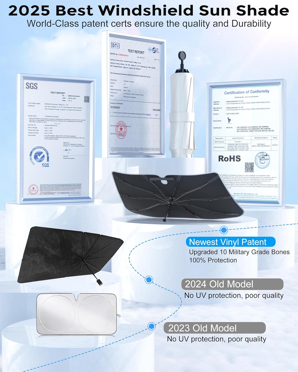 [2025 Upgraded] Weektic Truck Windshield Sun Shade for F-150/Silverado/Tundra/RAM 1500/Sierra - 5 Layers Ice Crystal Coating Blocks 99% UV, Cools Interior | 360° Swivel Handle for Easy Use