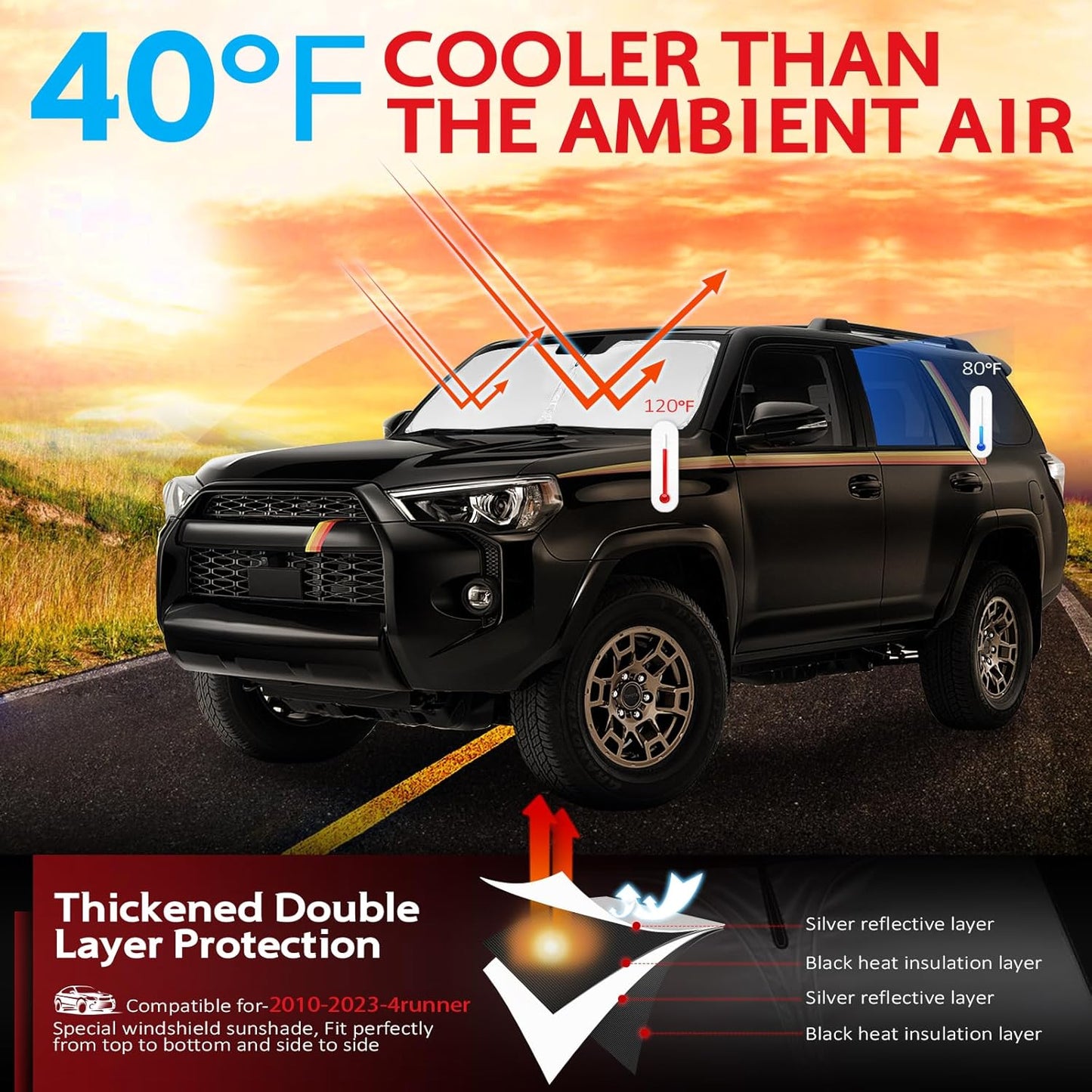 KAYZT Windshield Sun Shade for Toyota 4Runner 2010-2024 4-Runner Foldable Sunshade SUV Front Window Custom Fit Accessories