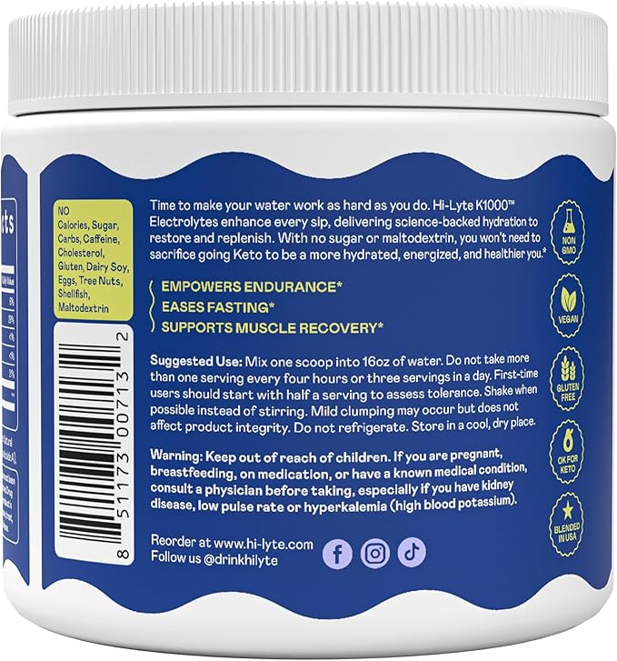 Hi-Lyte Keto & Performance - K1000 Electrolyte Powder Mix - Blue Raspberry - 1000mg Potassium + Magnesium, Calcium, Trace Minerals - Keto Drink for Cramp Support, Fasting, Recovery - No Sugar/Carbs
