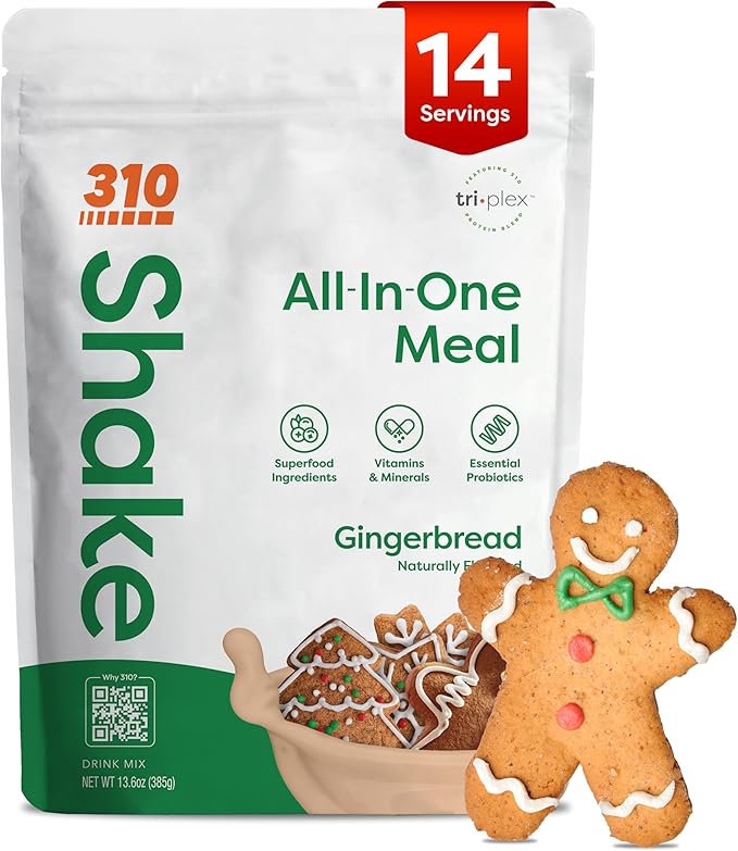 310 Nutrition All-In-One Meal Replacement Shake Powder - Plant-Based Protein Smoothie Blend w/High Fiber, Probiotics & Adaptogens - Low Carb, Vegan, Keto & Paleo Friendly - Gingerbread - 14 Srv