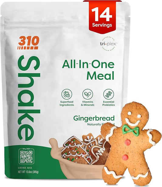 310 Nutrition All-In-One Meal Replacement Shake Powder - Plant-Based Protein Smoothie Blend w/High Fiber, Probiotics & Adaptogens - Low Carb, Vegan, Keto & Paleo Friendly - Gingerbread - 14 Srv
