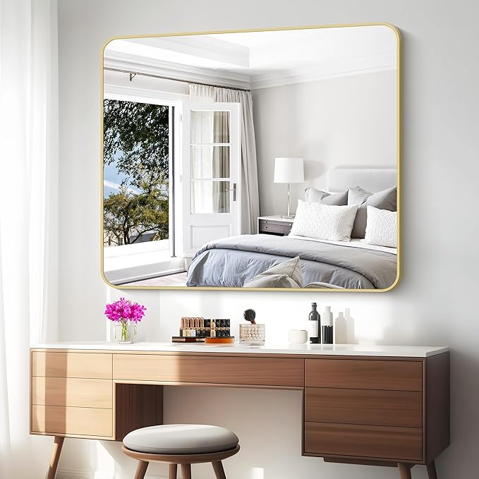 Gold Bathroom Mirror,40x48 inch Wall Mirror for Bathroom Wall Mounted,Round Rectangle Mirror for Bathroom Over Sink,Modern Frame for Home Decor Living Room,Bedroom Entryway,Horizontal/Vertical
