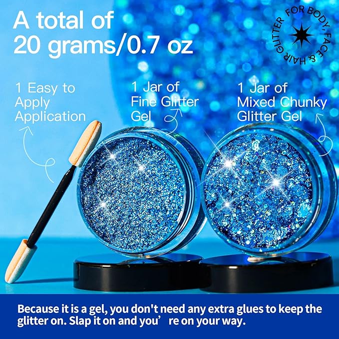 Teenitor Face Glitter, 2pcs Blue Body Glitter Gel, 20g/0.7oz Makeup Glitter for Face, Body, Eye, Hair Glitter Gel, Blue Glitter in 2 Sizes