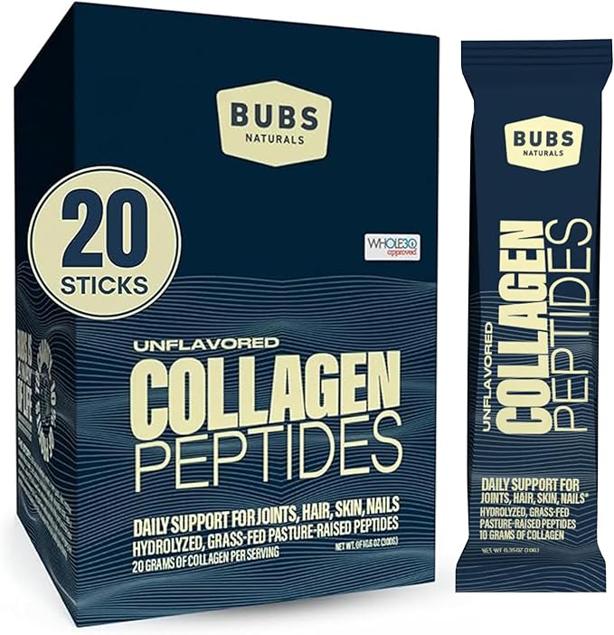 BUBS Naturals Unflavored Collagen Peptides Powder - Best Proteins for Joints & Skin - Pasture Raised Grass Fed - Paleo & Keto Friendly, Whole30 Approved, Non-GMO, Dairy & Gluten Free (20 Stick Packs)