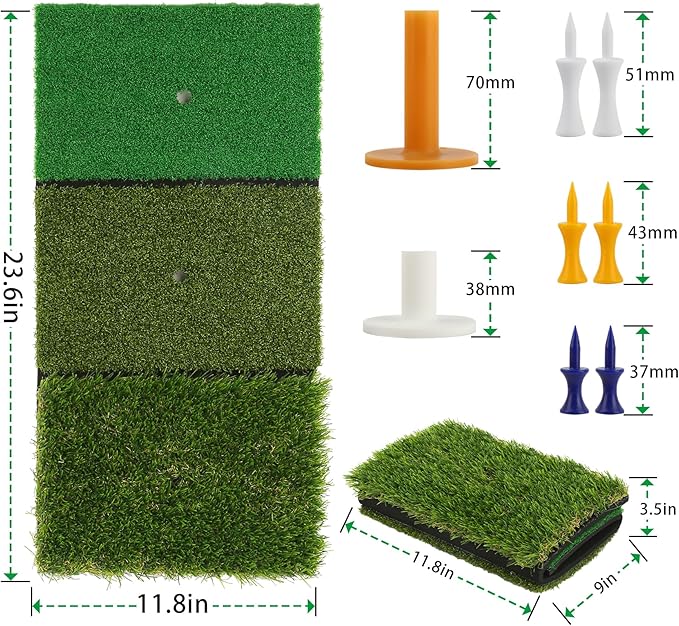 Golf Practice Mat 3-in-1 Turf Golf Hitting Mat for Swing, Putting & Chipping | Portable Golf Training Mat Indoor/Outdoor, Golf Mat with 8 Tees