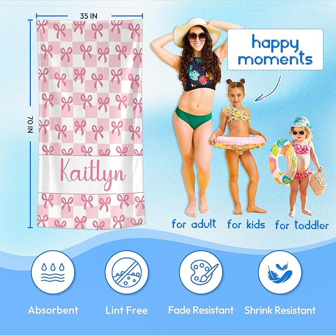 JML Personalized Beach Towel with Name, Custom Beach Towel with Text, Customized Bow Microfiber Pool Towel, Quick Dry & Absorbent Swim Towel for Adult,Anniversary, Birthday, Summer Holiday,Vacation
