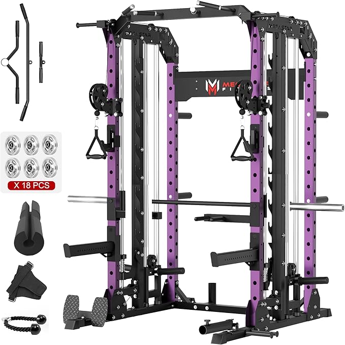 Smith Machine Home Gym with Aluminum Pulley Set- 2000lbs Capacity All-in-One Power Rack with Cable Crossover, Pull-Up Bar & Dip Station, Includes 18 Attachments, P107 Anvil