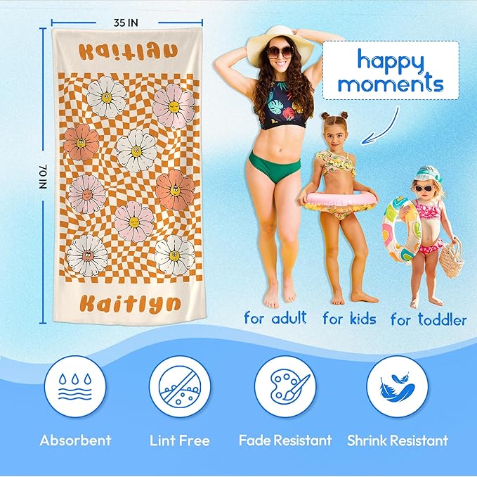 JML Personalized Beach Towel with Name, Custom Flower Beach Towel, Customized Microfiber Pool Towel, Quick Dry & Absorbent Swim Towel for Adult,Anniversary, Birthday, Summer Holiday,Vacation