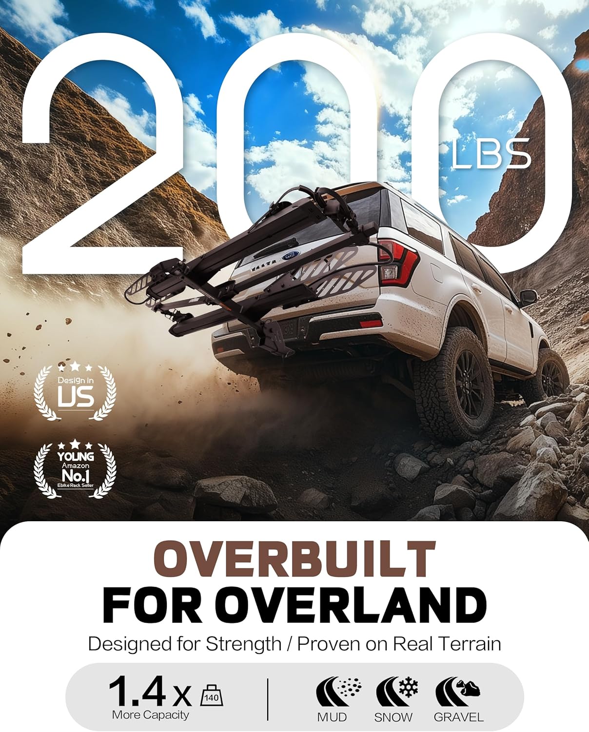 E-Bike Rack with Ramp, Hitch 2 Bike Rack, 200 lbs Capacity Electric Bike Carrier, Foldable Platform Mount for Cars, Trucks, SUVs, Minivans, Up to 5-Inch Fat Tire for 2'' Receiver