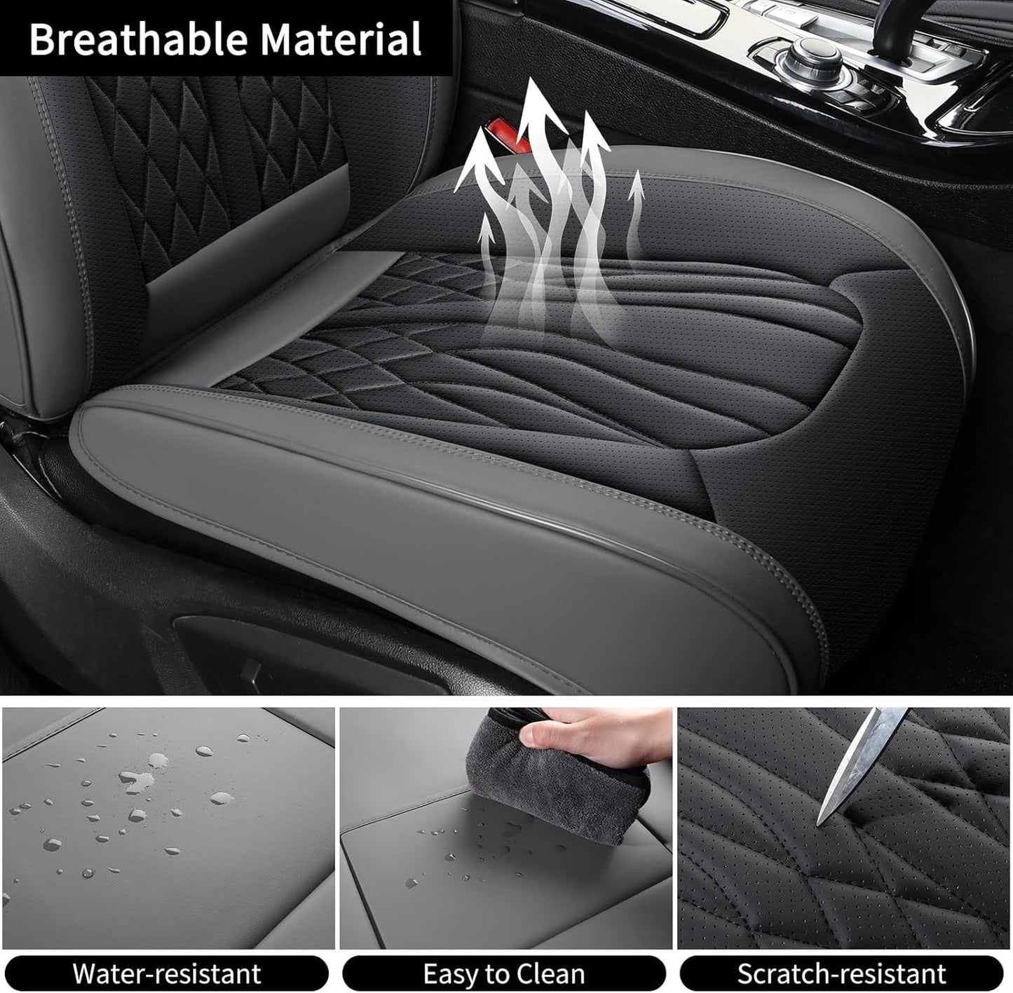 Leather Car Seat Covers,Breathable and Waterproof Faux Leather Automotive Seat Covers for Cars SUV Truck Sedan,Universal Driver Seat Cover Grey&Black