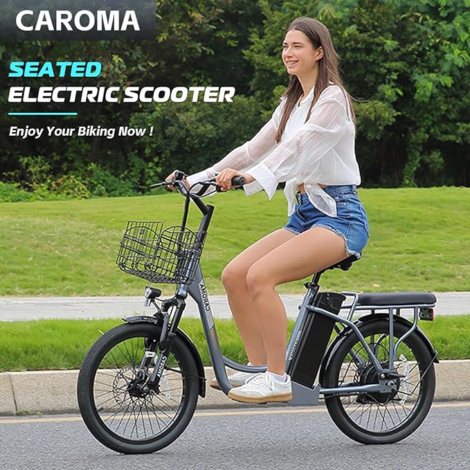 Caroma Electric Scooter with Seat, 48V Removable Battery E-Bike, Up to 30Miles&20MPH, 500/800/1200W Motor, 20" Fat Tire Adult Electric Bicycles for Commuting with Basket