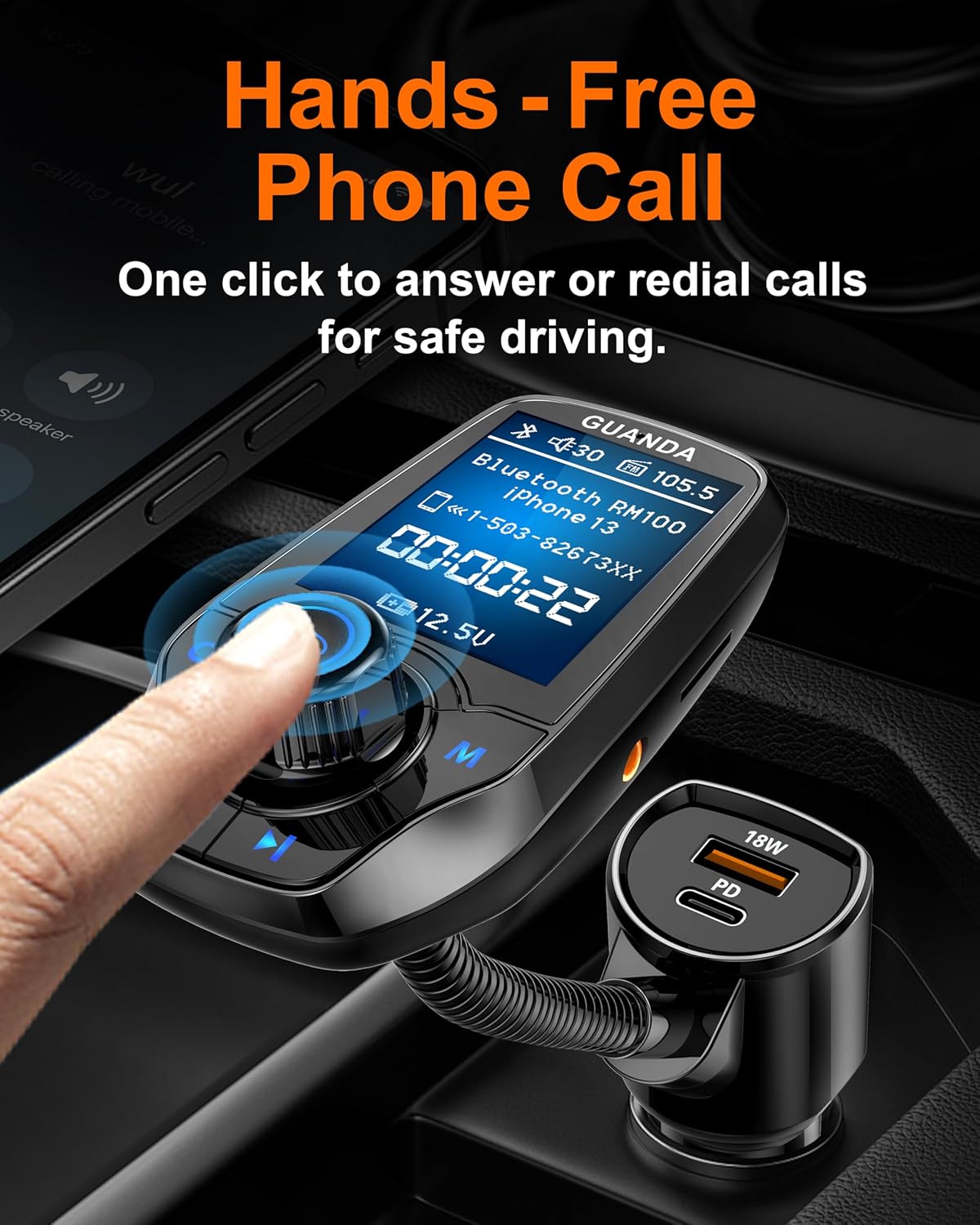 Upgraded Bluetooth FM Transmitter for Car, Wireless Radio Adapter Kit W 1.8" Color Display Hands-Free Call AUX in/Out SD/TF Card USB Charger PD 20W for All Smartphones Audio Players - Black