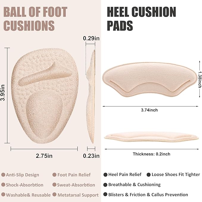 Ball of Foot Cushions,Metatarsal Pads for Women,Heel Cushion Pads, Heel Grips Liners for Heel Pain Relief, Blisters,Friction, Non-Slip Shoe Inserts for Loose Shoes,Shoe Fillers Make Shoes Fit Tighter