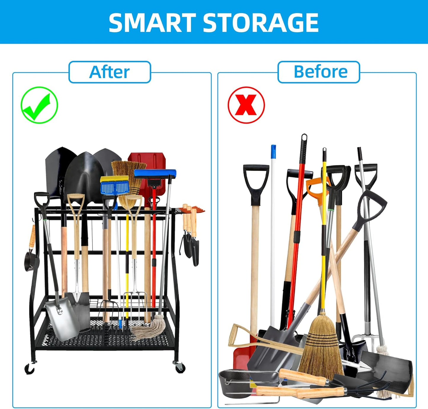 Garden Tool Organizer for Garage,Tool Organizers and Storage，Garden Tool Rack,Yard Tool Storage,Garden Tool Stand,Up to 58 Long-Handled Tools,4 multi-direction wheels lockable (28.4 inch)