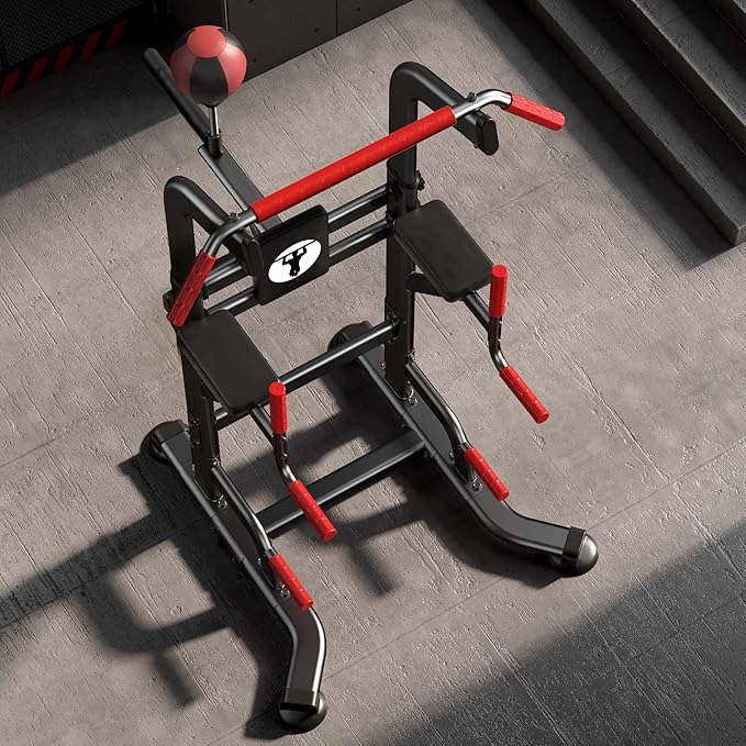 soges Pull Up Bar Dip Station, Power Tower with Boxing Speed Ball & Spinning Target, Adjustable Height Dip Stand Strength Training Fitness Workout Station, Assistive Trainer Pull Up Stand