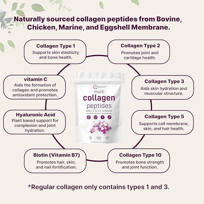 Micro Ingredients Multi Collagen Peptides Powder, 16oz | Type I, II, III, V, X + Biotin, Vitamin C & Hyaluronic Acid | Unflavored | Supports Hair, Skin & Joint Health | Keto, Non-GMO