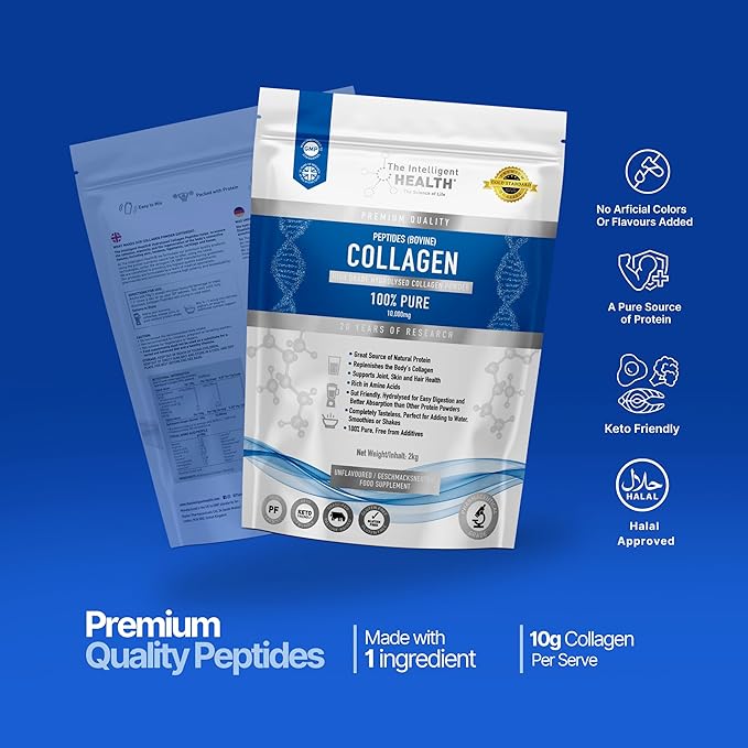 The Intelligent Health Hydrolyzed Collagen Peptides Powder, Grass Fed, High Protein, Unflavored, Gluten-Free, Paleo & Keto Friendly, 10g per Serving (2kg) Supports Skin, Hair, Nails, Joints, & Bones