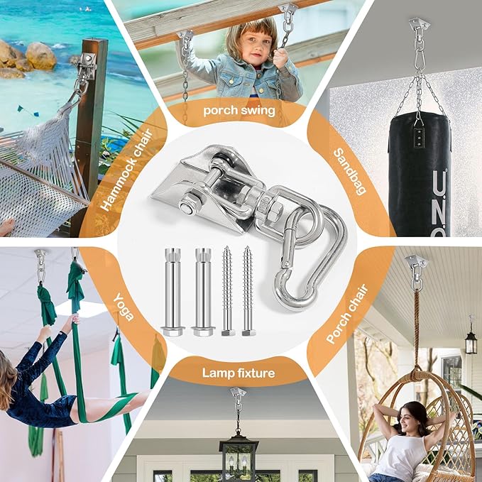Hammock Hanging Kit, Porch Swing Hanging Kit 1200 Lb Capacity, Hammock Ceiling Hooks Heavy Duty 360°Rotating Hanging Swing Chair Hardware for Hammock Chair Stand, Porch, Yoga, Gym, Silver
