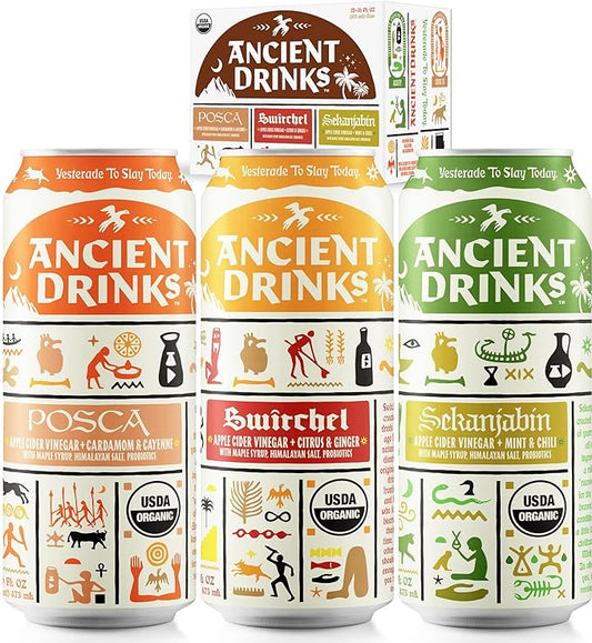 ANCIENT DRINKS Apple Cider Vinegar Beverage with Electrolytes, Vitamins, & Probiotics, Organic, Super-Hydrating Sports Drink - Mixed Pack (Posca, Switchel, Sekanjabin) - 16 fl oz (12 cans)